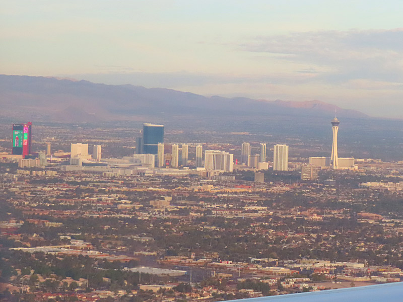 View of the Las Vegas Strip while landing. The tower at the Stratosphere is at the right. - photo by Joe Alexander