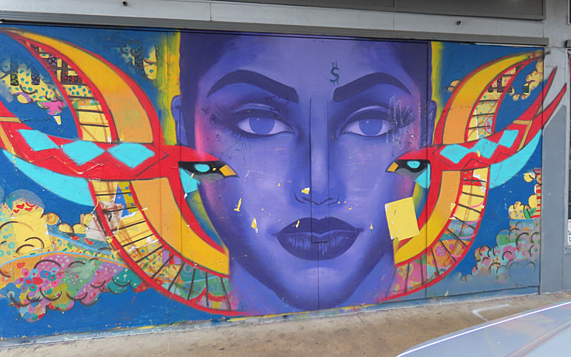 This mural is on the same building as SNAX, on the corner across Jefferson Street from Travis Park near downtown San Antonio. I didn't see a creator's name on this one.