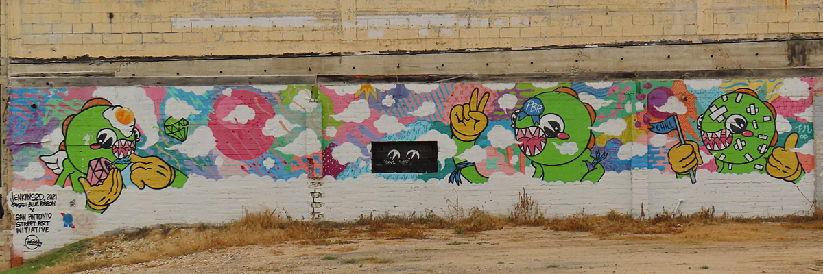 Mural by Jenkins2D just north of downtown San Antonio facing McCullough near the corner with Broadway.