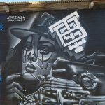 This is part of a block-long street mural on Hoefgen Street just south of Carolina a few blocks from the Alamodome in downtown San Antonio.