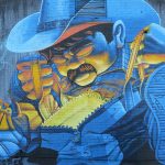 This is part of a block-long street mural on Hoefgen Street just south of Carolina a few blocks from the Alamodome in downtown San Antonio.